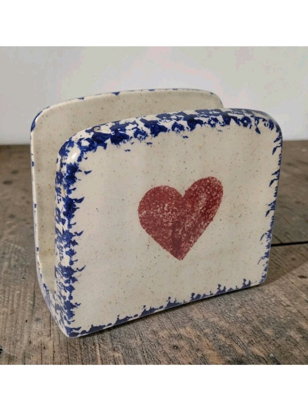 Large Pottery Spongeware Heart Napkin Holder Marked Farmhouse Cottagecore Vtg